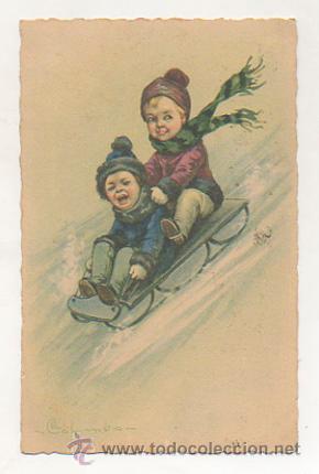 Cartoline: POSTAL ILUSTRADA POR COLOMBO. (21). NI&Ntilde;OS EN TRINEO.