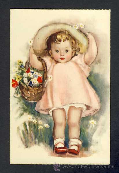 Postkarten: Postal de ni&ntilde;os: Ni&ntilde;a con sombrero y cesto con flores (num.2017)