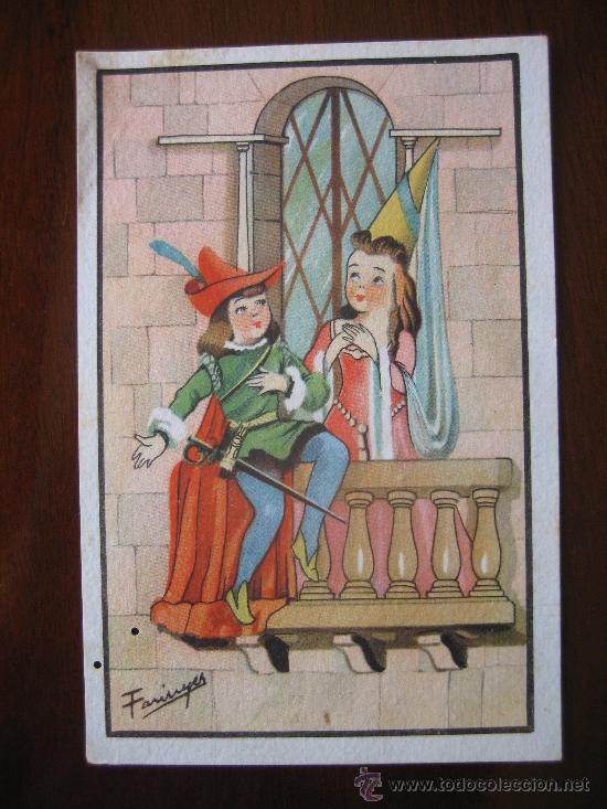 Postales: Postal dibujo caricaruta pareja novios medieval Romeo y Julieta, por Farinyes. A&ntilde;os 50