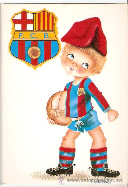 Cartoline: BAR&Ccedil;A. NI&Ntilde;O con Escudo del Futbol Club Barcelona, pelota i barretina. Sin escribir.Vell i Bell