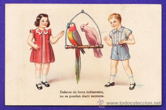 Cartoline: postal felicitacion - ni&ntilde;o y ni&ntilde;a con loros - ed. cmb seri 49 - dib. zsolt - escrita - a&ntilde;os 40