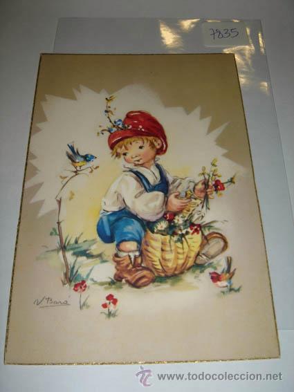 Cartoline: Postal antigua ilustraci&oacute;n a color de ni&ntilde;o con cesta, de N. Bar&oacute;.