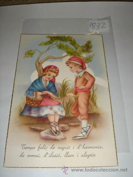 Postcards: Postal antigua ilustraci&oacute;n a color, ni&ntilde;os con traje t&iacute;pico catalan.