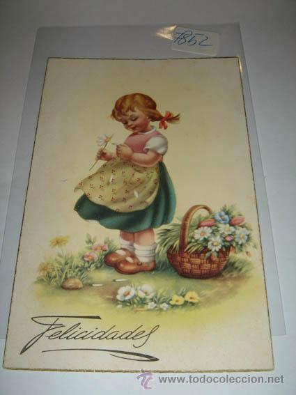 Postcards: Postal antigua de felicitaci&oacute;n ilustraci&oacute;n a color de ni&ntilde;a con cesta.