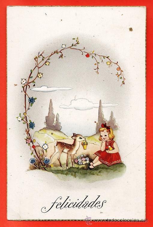 Postales: postal felicitacion - ni&ntilde;a con bambi - ed. ancora / ancla - n&ordm; 2041 - escrita - a&ntilde;os 50