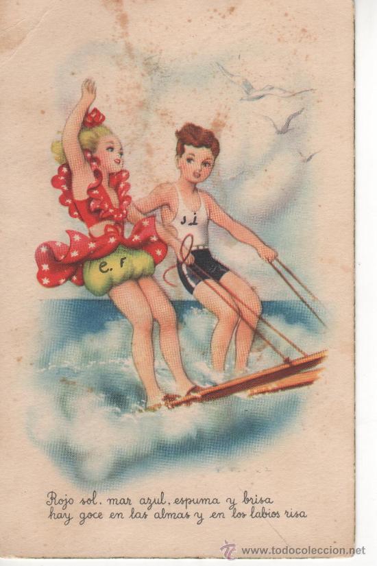 Postais: Ni&ntilde;os esquiando en el mar. Circulada.