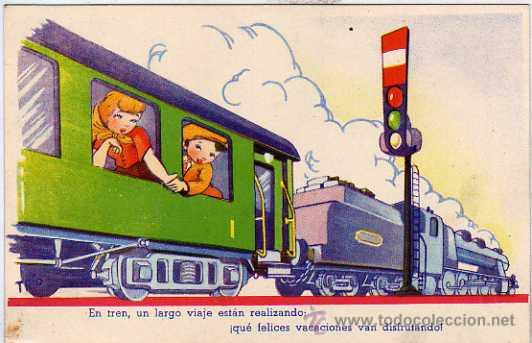 Postcards: Ilustrador o dibujante Trio. Serie 26. Escrita. En tren, un largo.. Sello arrancado.