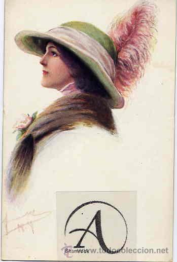 Postais: Dama con sombrero y pluma.Shamrock.