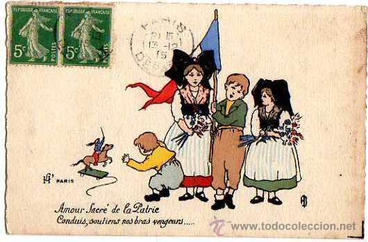 Postcards: Ni&ntilde;os Alsaciens. Amor a la patria Francesa. Circulada en 1915