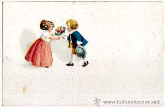 Postais: Ni&ntilde;o regala flores a una ni&ntilde;a.