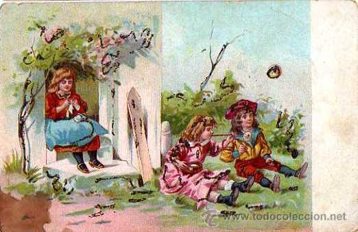 Postais: Grupo de ni&ntilde;os. Decorada a mano.