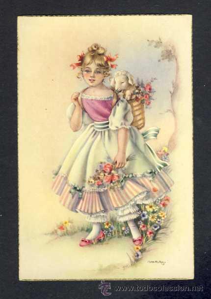 Postais: Postal ilustrada por MRG: Ni&ntilde;a con cesto y oveja (CYZ num. 587 A 2)