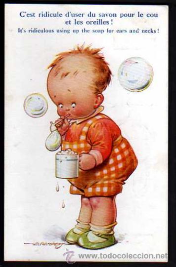 Postcards: Ni&ntilde;o haciendo pompas de jab&oacute;n. Circulada 1934.