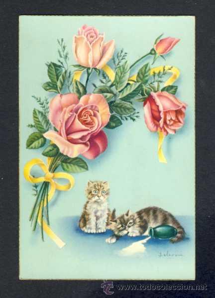 Postcards: Postal ilustrada por DELAROSA: Flores y gatos (CYZ num. 565 B)