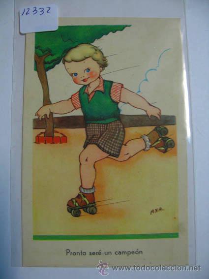 Cartoline: Postal antigua ilustrada imagen de ni&ntilde;a patinando, editada por J.B.R, s&eacute;rie 63.