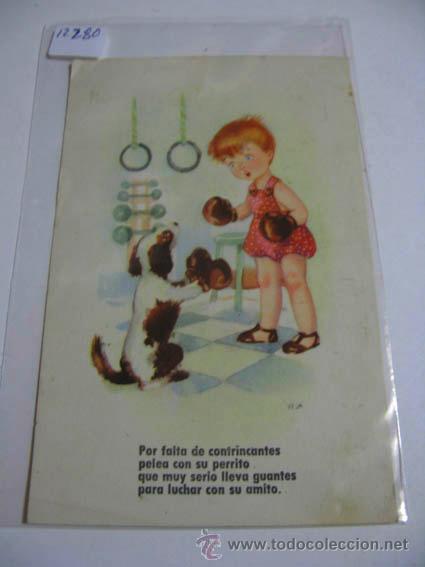 Cartoline: Postal antigua ilustrada imagen ni&ntilde;o con perro, Estamperia RAM, s&eacute;rie 67.