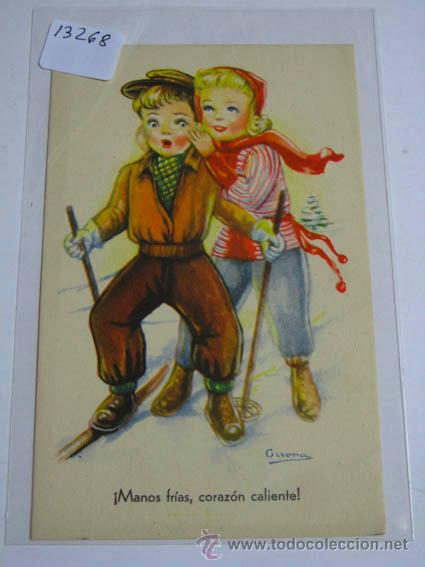 Cartoline: Postal antigua ilustraci&oacute;n pareja en la nieve, Editorial Artigas, s&eacute;rie 82.