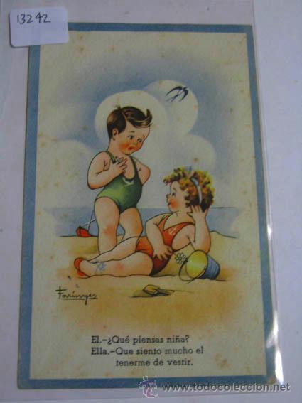 Cartoline: Postal antigua ilustraci&oacute;n pareja joven en la playa, Editorial CMB s&eacute;rie 29