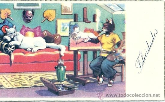 Postkarten: 6006Y - ALFRED MAINZER? GATITOS -ANTIGUA TARJETA DE FELICITACI&Oacute;N 11 X 6 CM- CANTOS DORADOS