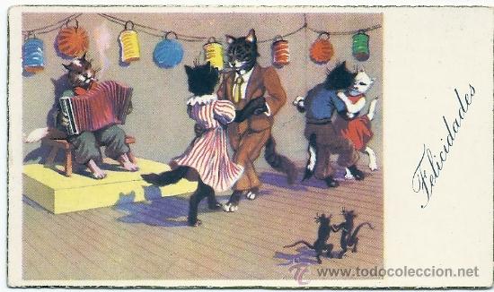 Postkarten: 6006Y - ALFRED MAINZER? GATITOS -ANTIGUA TARJETA DE FELICITACI&Oacute;N 11 X 6 CM- CANTOS DORADOS