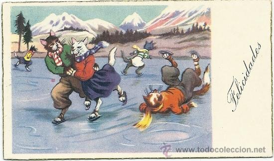 Postkarten: 6006Y - ALFRED MAINZER? GATITOS -ANTIGUA TARJETA DE FELICITACI&Oacute;N 11 X 6 CM- CANTOS DORADOS