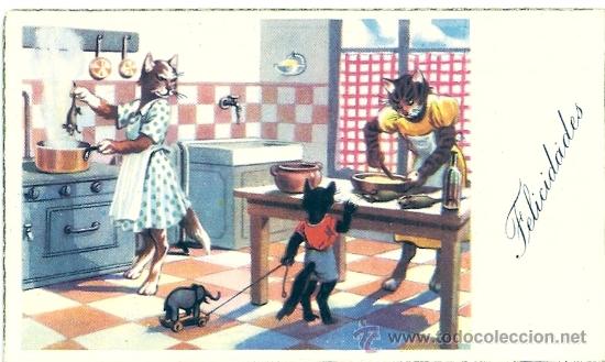 Postkarten: 6006Y - ALFRED MAINZER? GATITOS -ANTIGUA TARJETA DE FELICITACI&Oacute;N 11 X 6 CM- CANTOS DORADOS