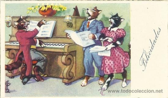 Postkarten: 6006Y - ALFRED MAINZER? GATITOS -ANTIGUA TARJETA DE FELICITACI&Oacute;N 11 X 6 CM- CANTOS DORADOS