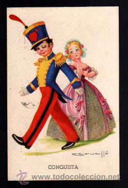 Postkarten: Postal infantil rom&aacute;ntica. Dibujante Cervell&oacute;. Conquista. Circulada 1941.
