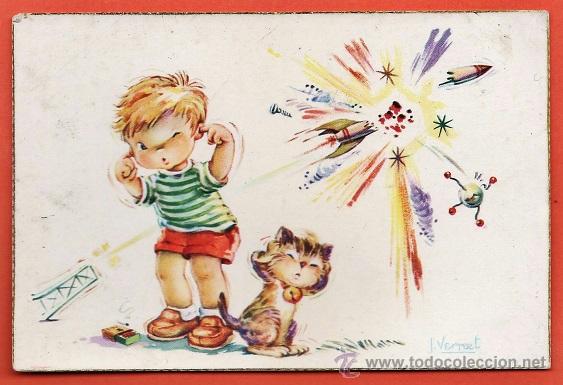 Cartoline: postal - ni&ntilde;o, gato y cohete - n&ordm; 533 - ed. cyz - il. vernet - nueva - a&ntilde;o 1959 -