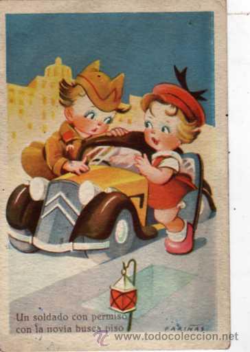 Postcards: Postal ilustrada tema infantil. Serie 20 ?? Ilustrador Fari&ntilde;as. Un soldado con permiso con la novia.