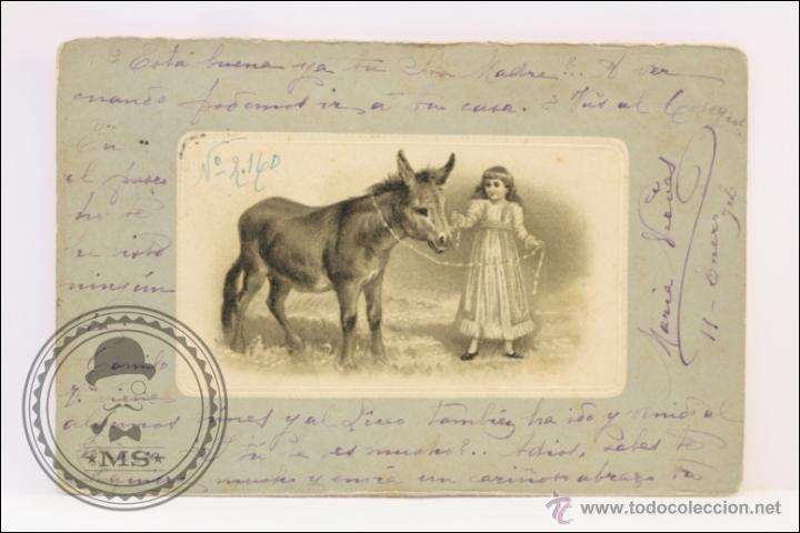 Postales: Antigua Postal Ilustrada - Ni&ntilde;a con Burro - Escrita Anverso y Reverso. Circulada