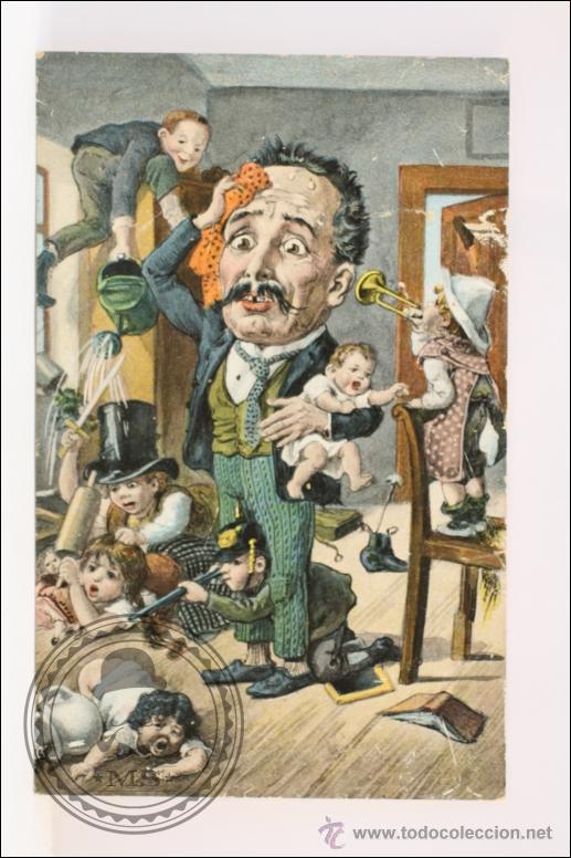 Postales: Antigua Postal Ilustrada -Caricatura de Hombre Agobiado por Ni&ntilde;os - Sin Escribir. No Circulada