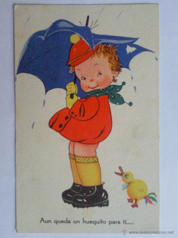Cartoline: POSTAL NI&Ntilde;A CON PARAGUAS Y POLLITO