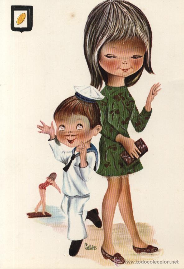 Postales: Postal marinerito y chica / dibujo Casta&ntilde;er