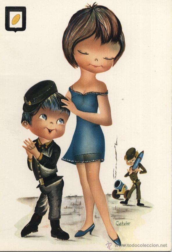 Postales: Postal soldadito y chica / dibujo Casta&ntilde;er