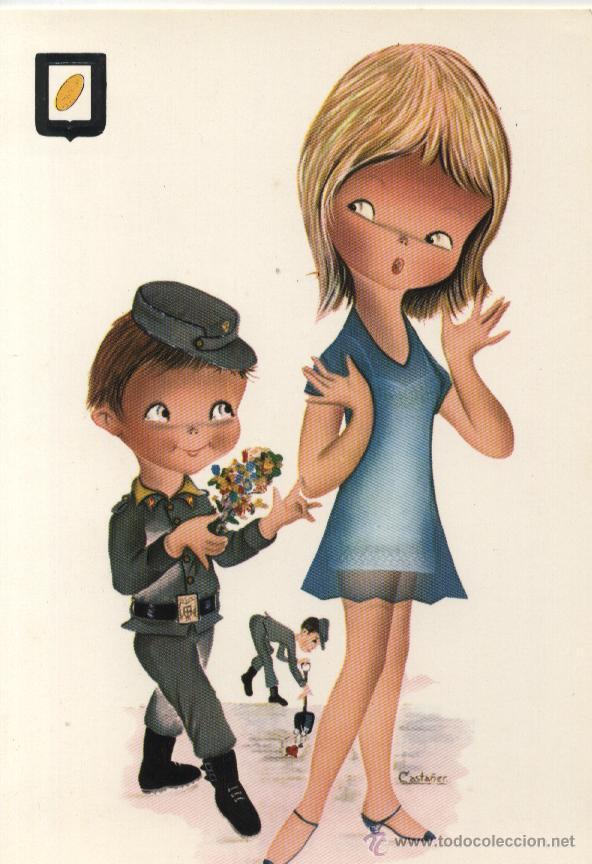 Postales: Postal soldadito y chica / dibujo Casta&ntilde;er