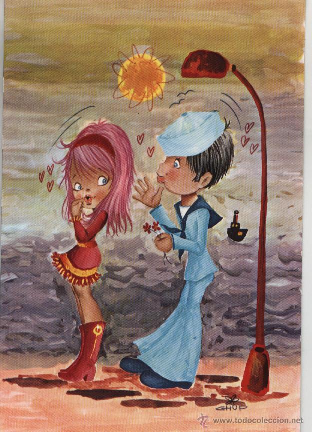 Postales: Postal chica y chico marinero / dibujo Chup