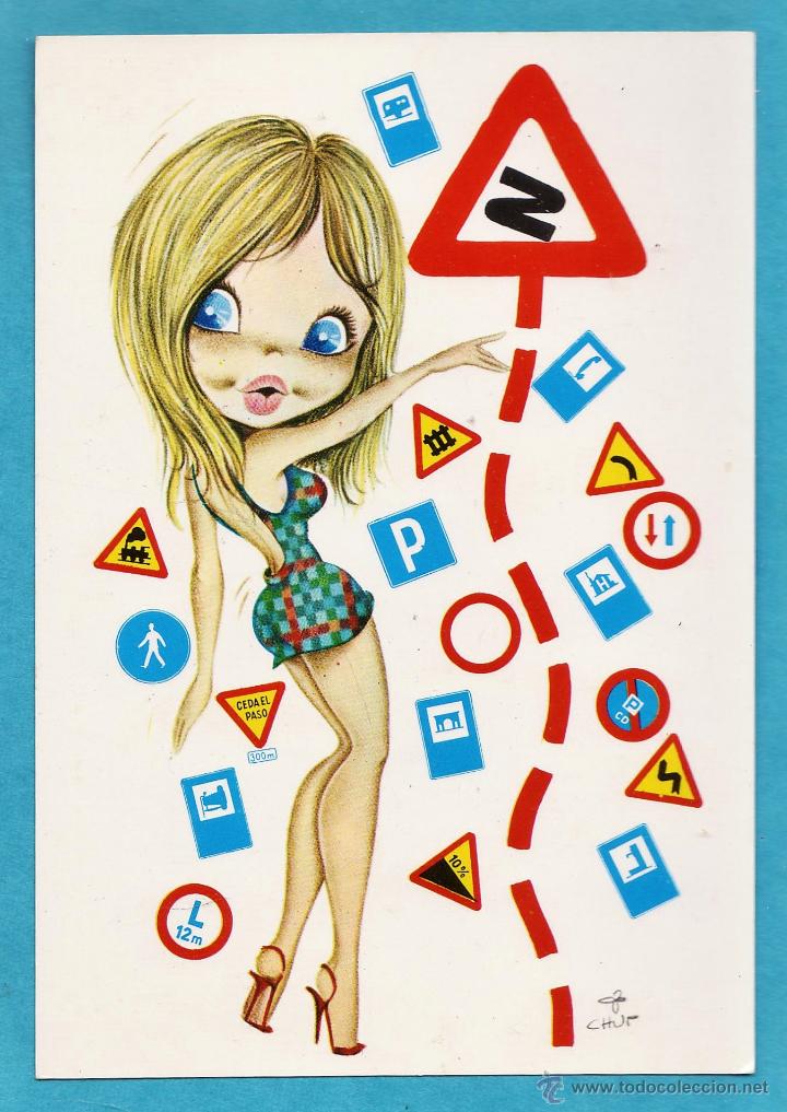 Postales: postal - chica sexy y se&ntilde;ales de trafico - n&ordm; 1054 - il. chur - ed. vikingo - escrita - a&ntilde;o 1970