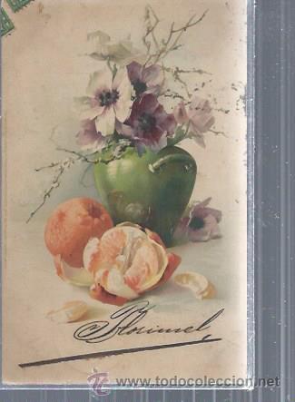 Postkarten: TARJETA POSTAL FLORES, JARR&Oacute;N VERDE CON FLORES VIOLETAS Y NARANJAS SOBRE LA MESA, BODEG&Oacute;N, ESCRITA