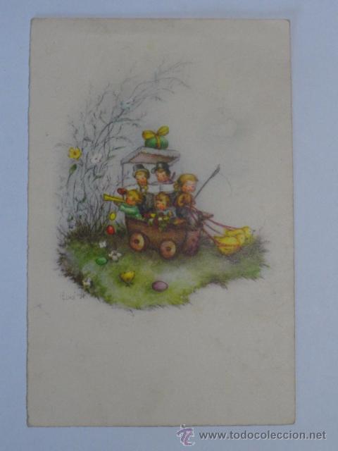Postkarten: POSTAL INFANTIL DIBUJO NI&Ntilde;OS CON POLLITOS Y HUEVOS DE PASCUA