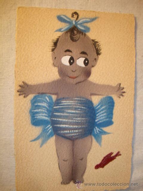 Postkarten: RARA Y CURIOSA TARJETA POSTAL DIBUJO PINTADA A MANO MU&Ntilde;ECA NEGRA NEGRITA OJOS GOOGLY 1920/30