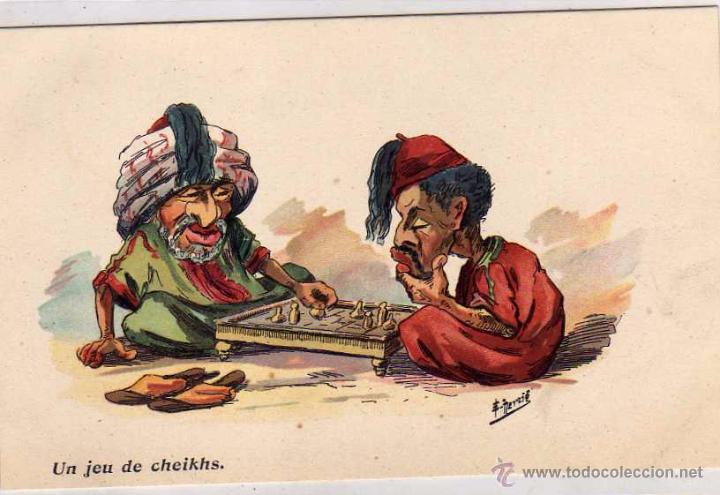 Postcards: Caricatura humor. Tipo popular Norte de Africa. Jugada de ajedrez . Ilustrador Herzid ?
