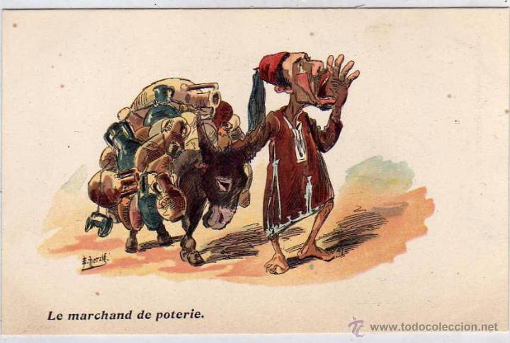 Cartes Postales: Caricatura humor. Tipo popular Norte de Africa. Vendedor ambulante. Ilustrador Herzid ?