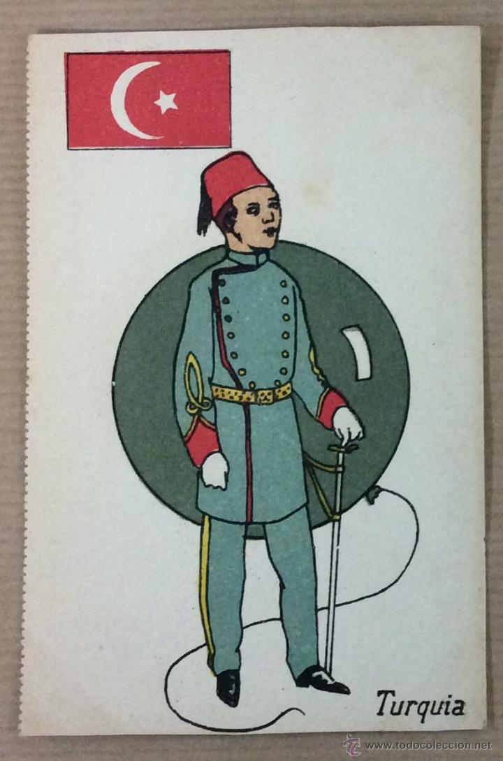 Postkarten: TURQUIA. POSTAL ILUSTRADA. SOLDADO. GLOBO. BANDERA.