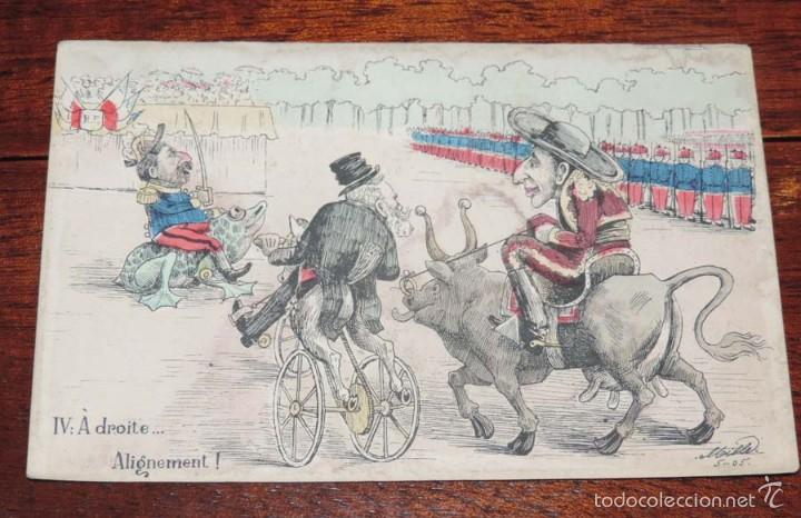 Postales: MONARQUIA, ALFONSO XIII, ANTIGUA POSTAL SATIRICO POLITICA CARICATURA CON MOTIVO DE LA VISITA DE N