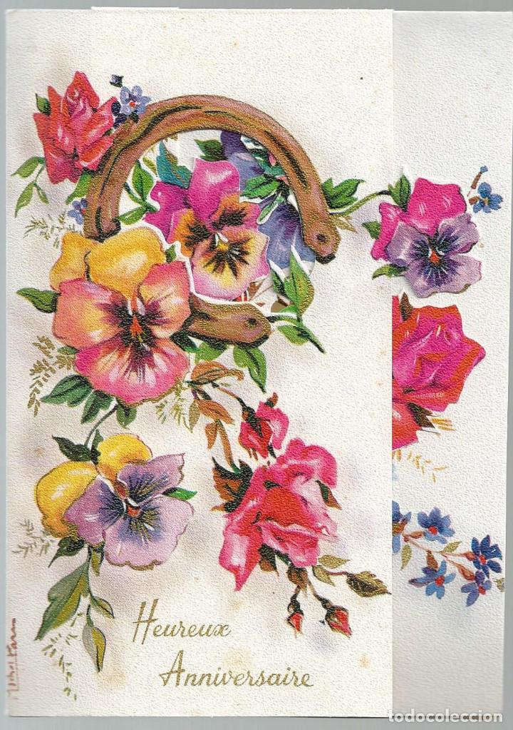 Postales: FELICITACION TROQUELADA CON DESPLEGABLE FLORAL EN INTERIOR