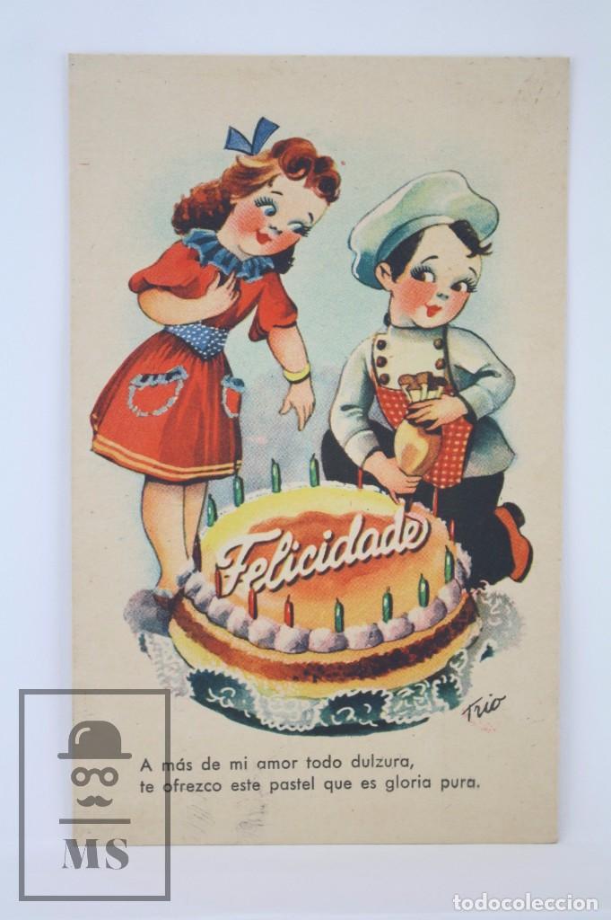 Cartoline: Postal Ilustrada por Trio - Felicidades. Pastelero con Tarta - Escrita al Dorso, A&ntilde;os 40