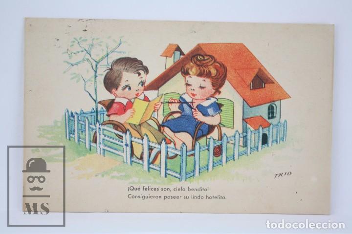 Cartoline: Postal Ilustrada por Trio - &iexcl;Qu&eacute; Felices Son, Cielo Bendito! - Circulada, A&ntilde;o 1946
