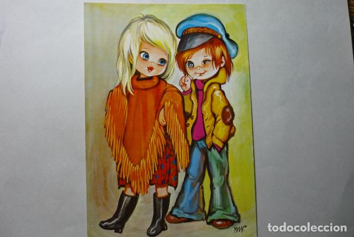 Cartes Postales: postal pareja ni&ntilde;os pilluelos dibujada
