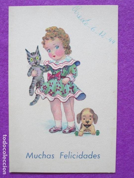 Cartoline: POSTAL, NI&Ntilde;A, GATO, GATITO, PERRO, PERRITO, MUCHAS FELICIDADES, P123